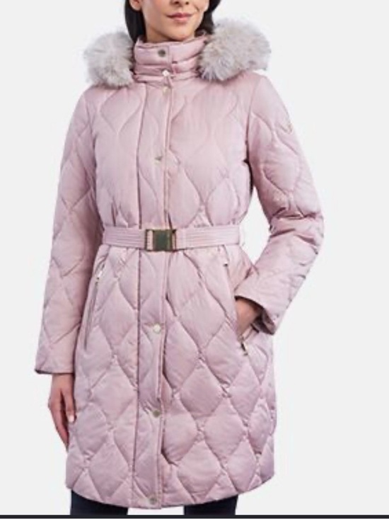 MICHAEL Michael Kors Jackets & Blazers - MICHAEL Michael Kors Blush Quilted Belted Puffer Coat with Faux Fur Hood